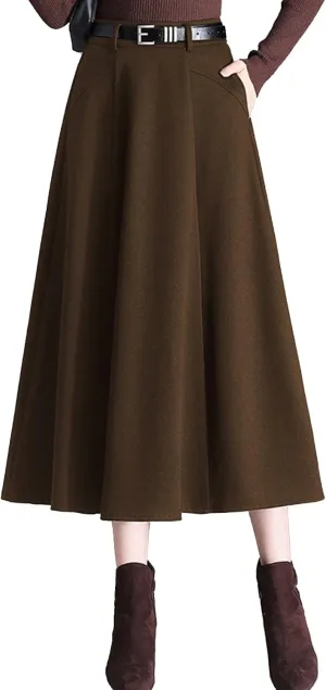 Women's Black and Coffee Warm Wool Skirt Trendy A Line Pleated High Waisted Midi Skirt with Pockets