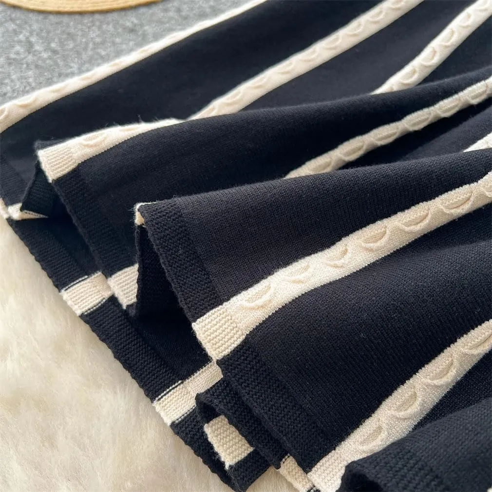 Women's Black White Striped Knitted Skirt Elastic High Waist A-Line Pleated Midi Skirts Vintage Streetwear Clothes
