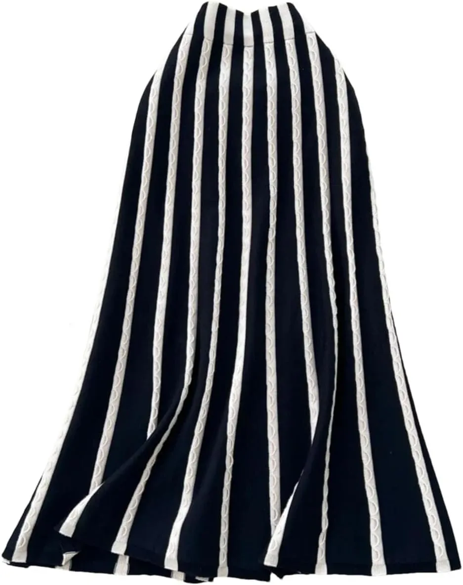 Women's Black White Striped Knitted Skirt Elastic High Waist A-Line Pleated Midi Skirts Vintage Streetwear Clothes
