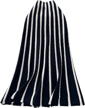 Women's Black White Striped Knitted Skirt Elastic High Waist A-Line Pleated Midi Skirts Vintage Streetwear Clothes