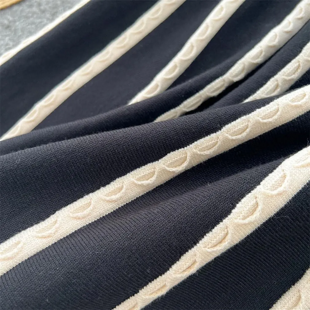 Women's Black White Striped Knitted Skirt Elastic High Waist A-Line Pleated Midi Skirts Vintage Streetwear Clothes
