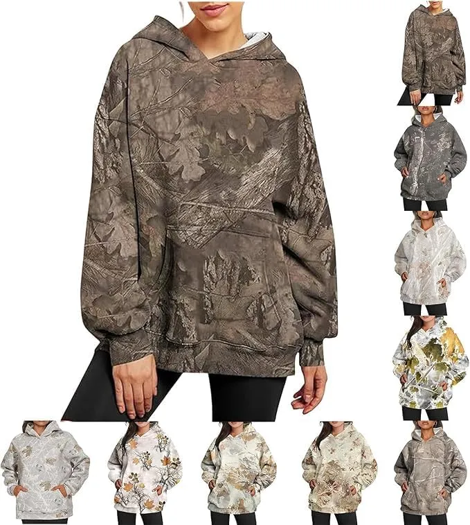 Womens Camo Hoodies Sweatshirts Long Sleeve Pullover Fleece Oversized Sweaters Casual Loose Tops with Pocket