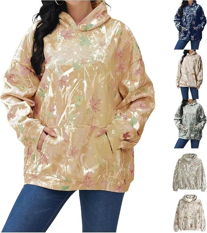 Womens Camo Hoodies Sweatshirts Long Sleeve Pullover Fleece Oversized Sweaters Casual Loose Tops with Pocket