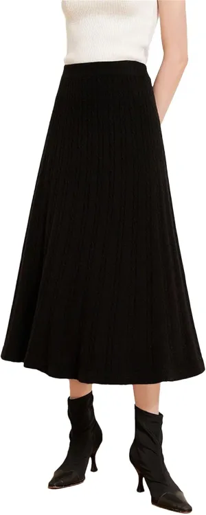 Women's Cashmere Skirt Midi Knitted High Waist Pleated A-Line Skirt Casual Holiday Skirt