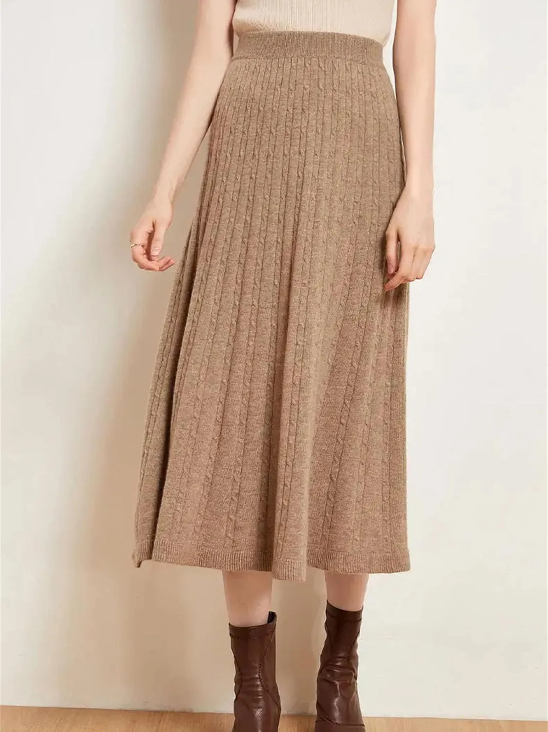 Women's Cashmere Skirt Midi Knitted High Waist Pleated A-Line Skirt Casual Holiday Skirt