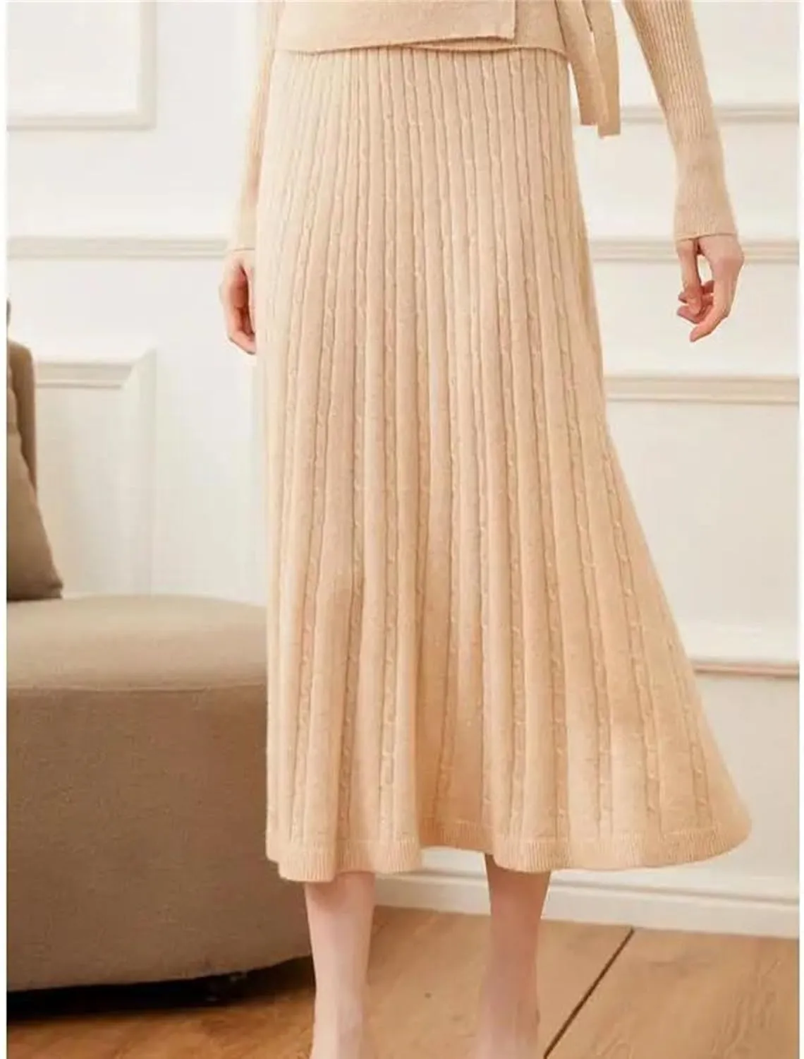 Women's Cashmere Skirt Midi Knitted High Waist Pleated A-Line Skirt Casual Holiday Skirt