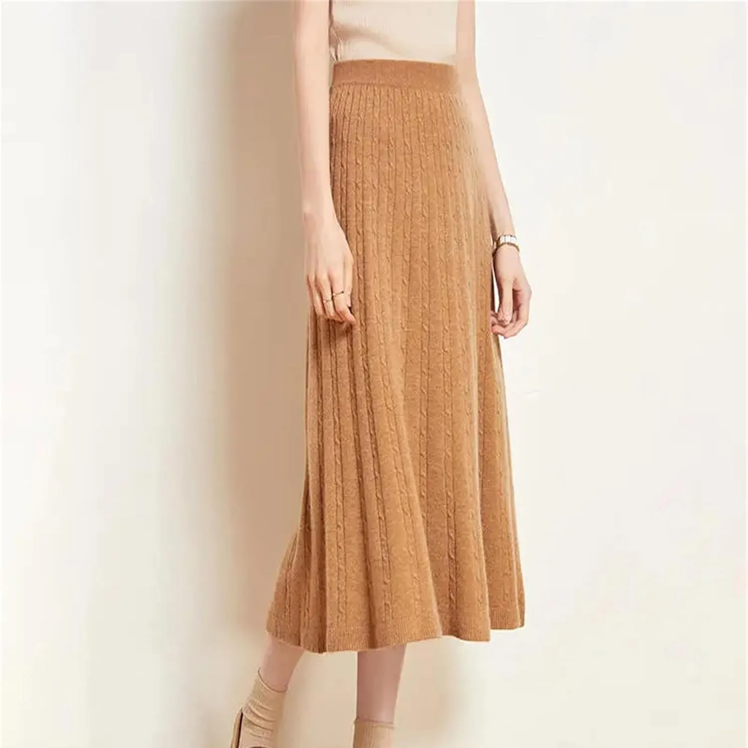 Women's Cashmere Skirt Midi Knitted High Waist Pleated A-Line Skirt Casual Holiday Skirt