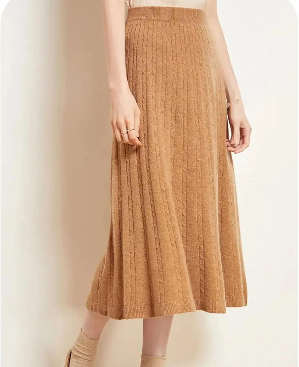 Women's Cashmere Skirt Midi Knitted High Waist Pleated A-Line Skirt Casual Holiday Skirt
