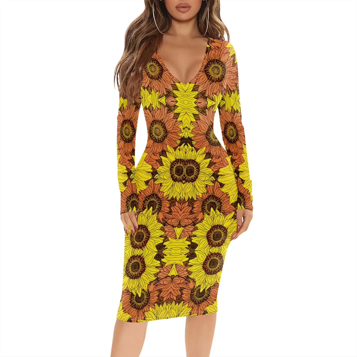 Women's Casual Dress Sexy Long Sleeve Deep V Neck Bodycon Midi Dress Cocktail Party Pencil Dresses