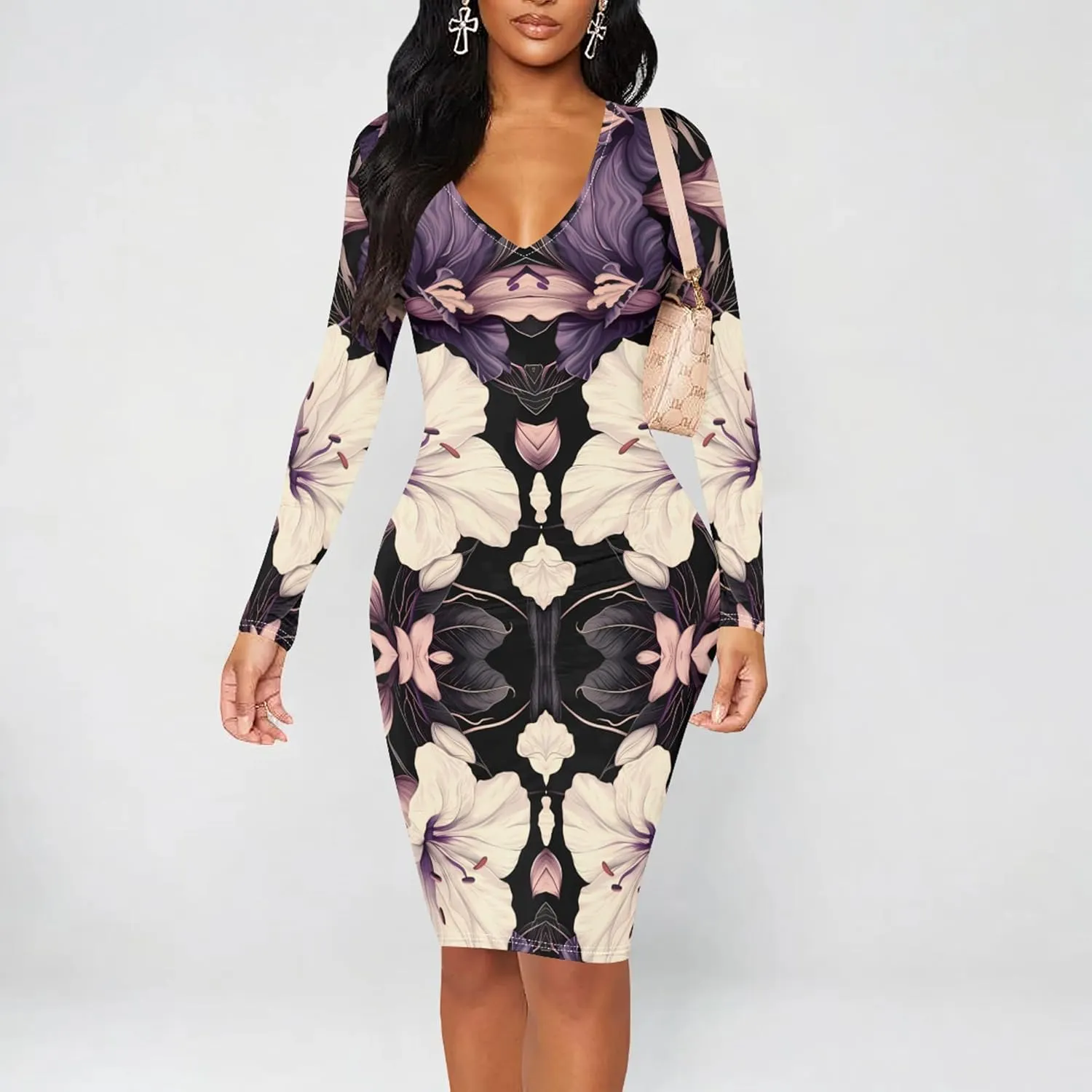 Women's Casual Dress Sexy Long Sleeve Deep V Neck Bodycon Midi Dress Cocktail Party Pencil Dresses