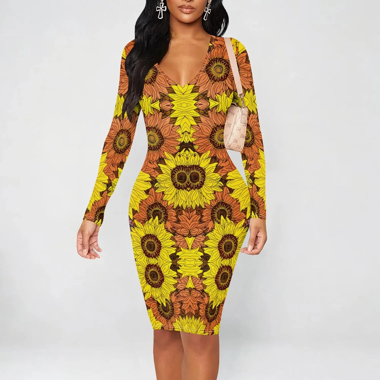 Women's Casual Dress Sexy Long Sleeve Deep V Neck Bodycon Midi Dress Cocktail Party Pencil Dresses