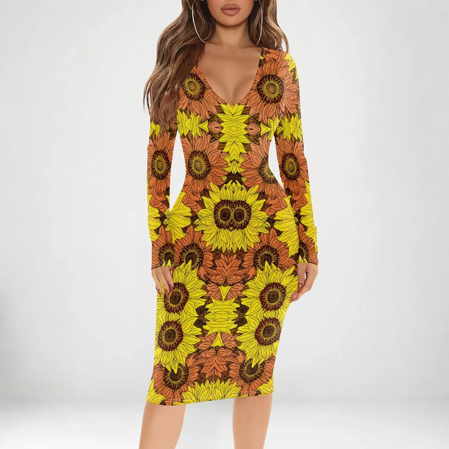 Women's Casual Dress Sexy Long Sleeve Deep V Neck Bodycon Midi Dress Cocktail Party Pencil Dresses