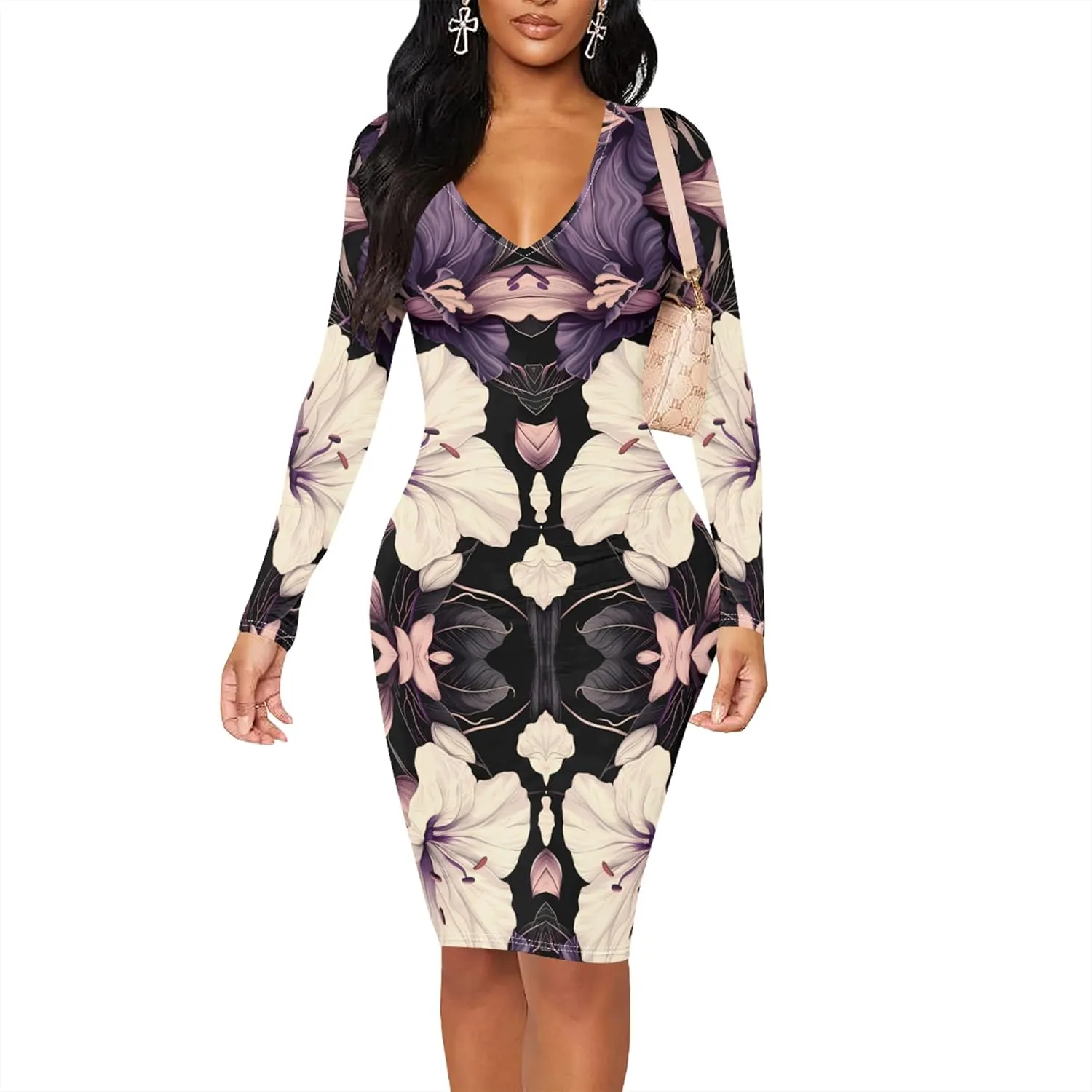 Women's Casual Dress Sexy Long Sleeve Deep V Neck Bodycon Midi Dress Cocktail Party Pencil Dresses