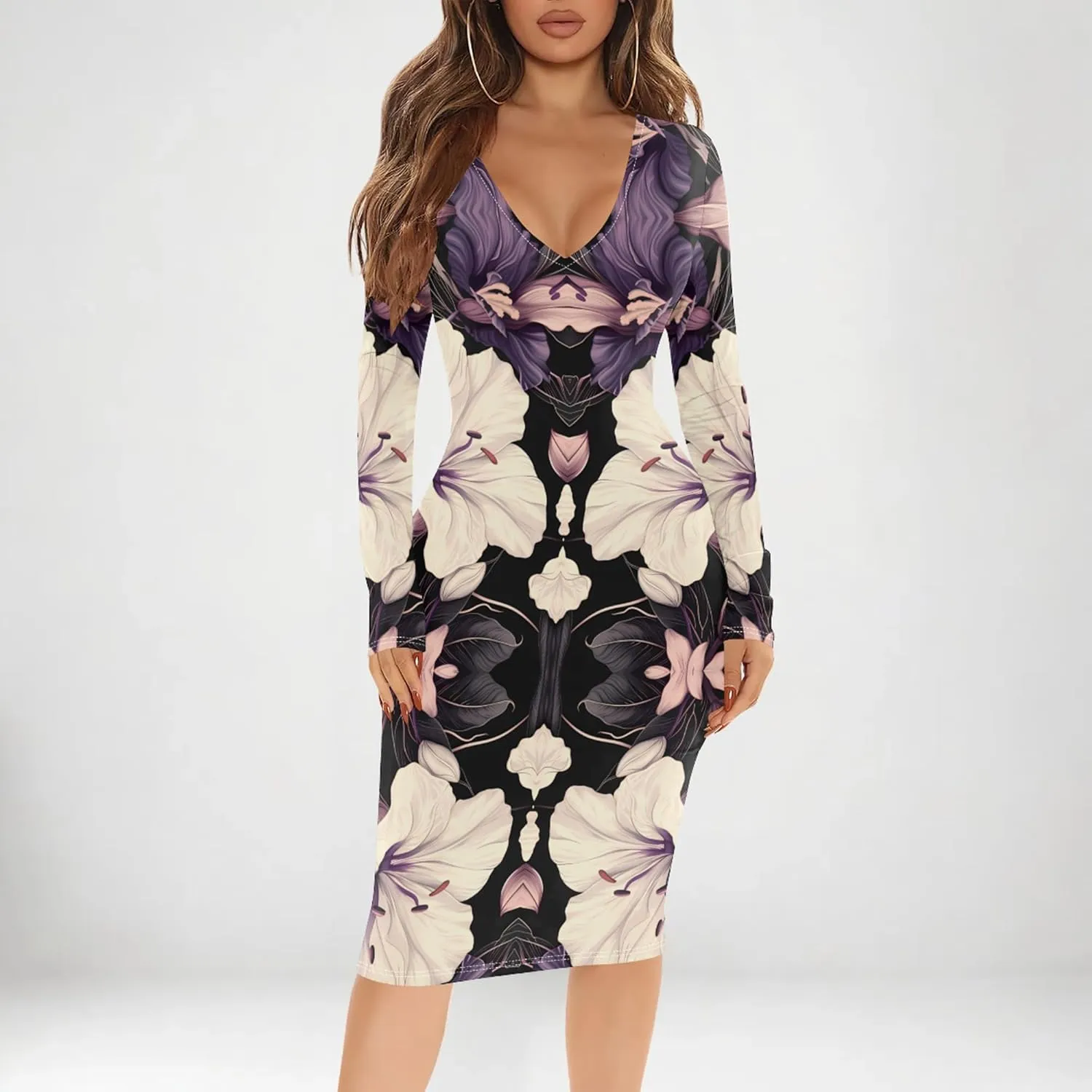 Women's Casual Dress Sexy Long Sleeve Deep V Neck Bodycon Midi Dress Cocktail Party Pencil Dresses