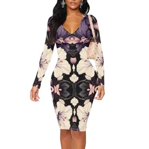Women's Casual Dress Sexy Long Sleeve Deep V Neck Bodycon Midi Dress Cocktail Party Pencil Dresses
