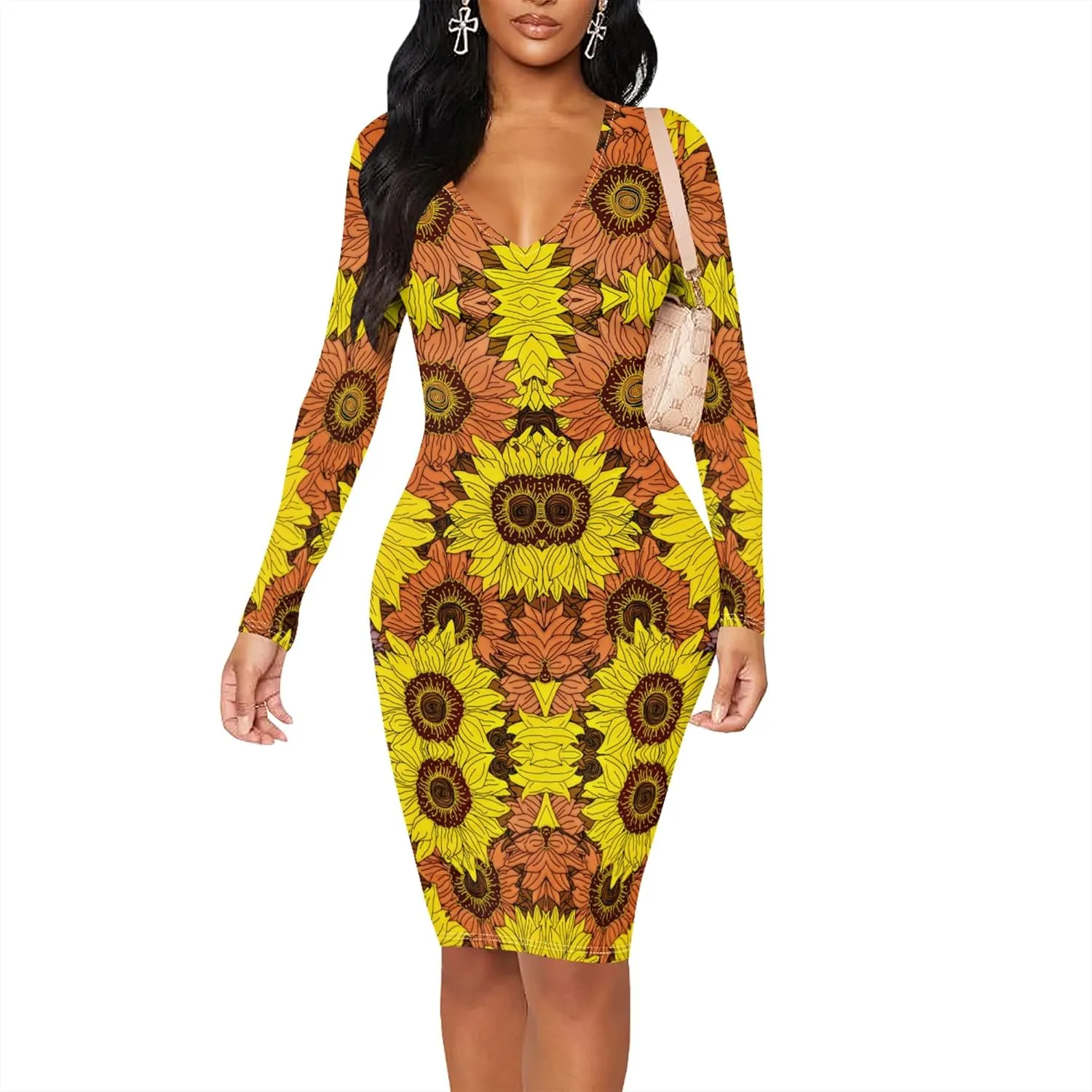 Women's Casual Dress Sexy Long Sleeve Deep V Neck Bodycon Midi Dress Cocktail Party Pencil Dresses