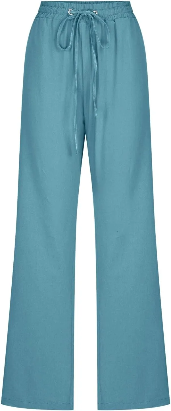 Womens Casual Linen Pants 2025 Summer Loose Fit Drawstring Elastic Waist Beach Pants Lightweight Lounge Long Trousers