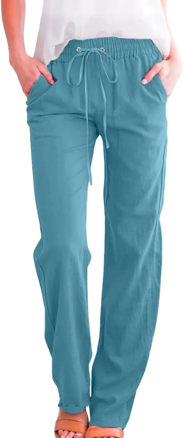 Womens Casual Linen Pants 2025 Summer Loose Fit Drawstring Elastic Waist Beach Pants Lightweight Lounge Long Trousers