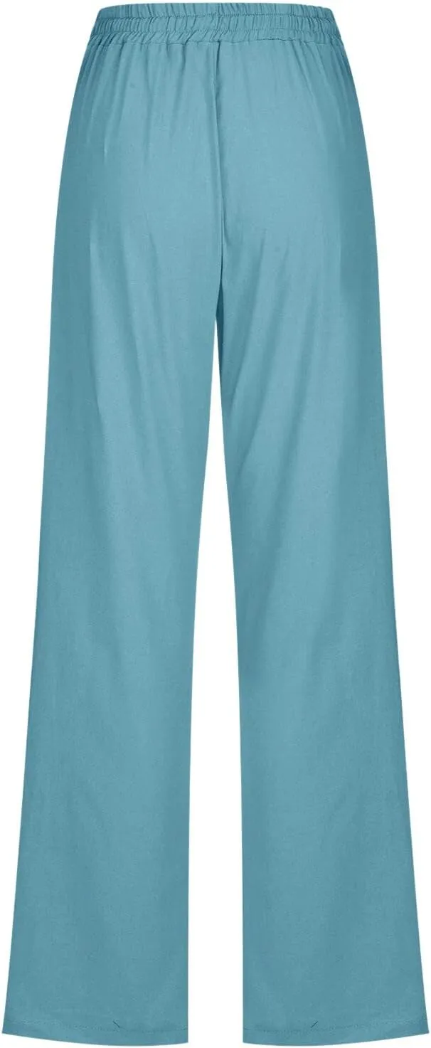 Womens Casual Linen Pants 2025 Summer Loose Fit Drawstring Elastic Waist Beach Pants Lightweight Lounge Long Trousers