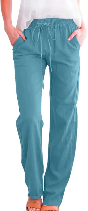Womens Casual Linen Pants 2025 Summer Loose Fit Drawstring Elastic Waist Beach Pants Lightweight Lounge Long Trousers