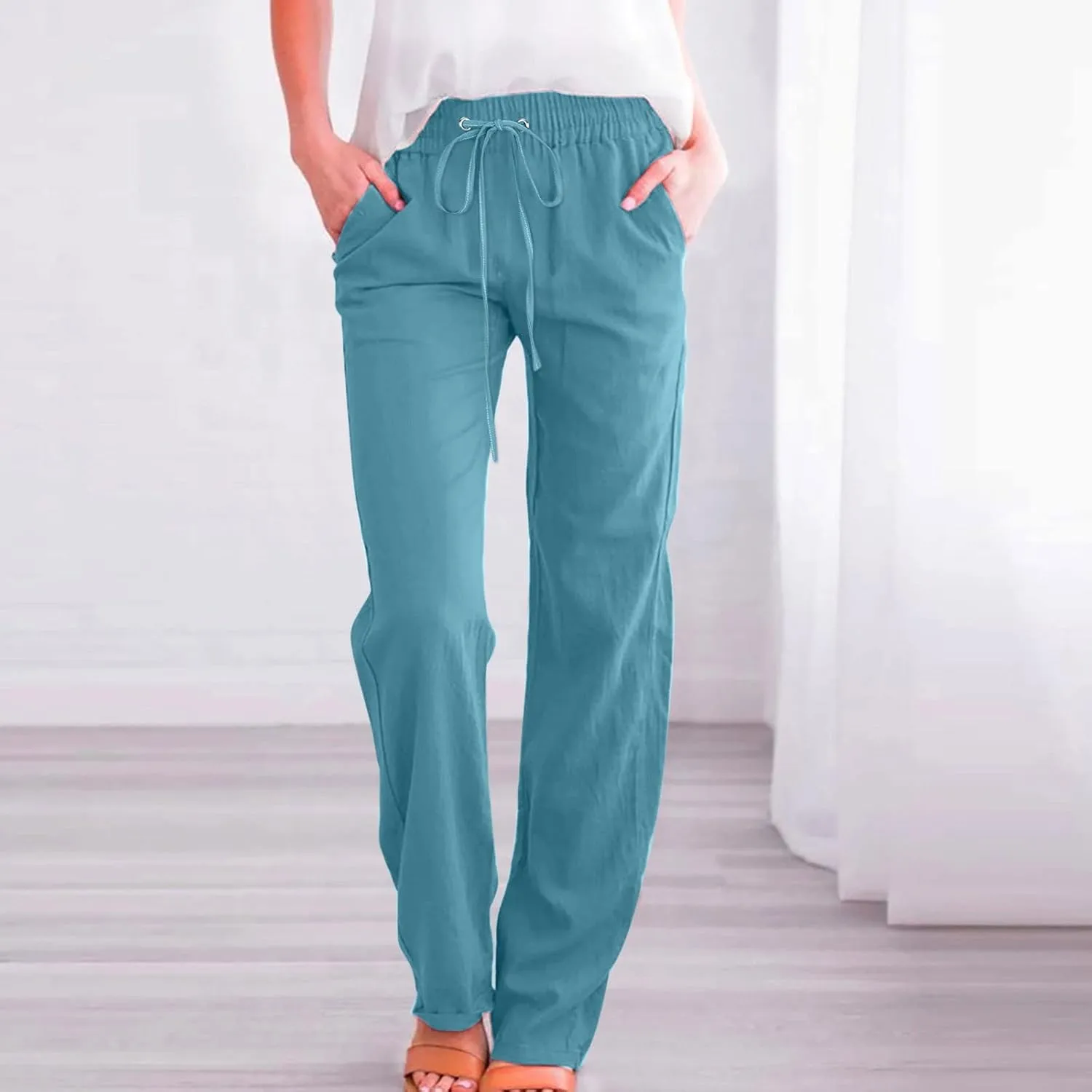 Womens Casual Linen Pants 2025 Summer Loose Fit Drawstring Elastic Waist Beach Pants Lightweight Lounge Long Trousers