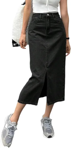 Womens Casual Slit Denim Midi Jean Skirt Stretch High Waist Frayed Button Up with Pockets