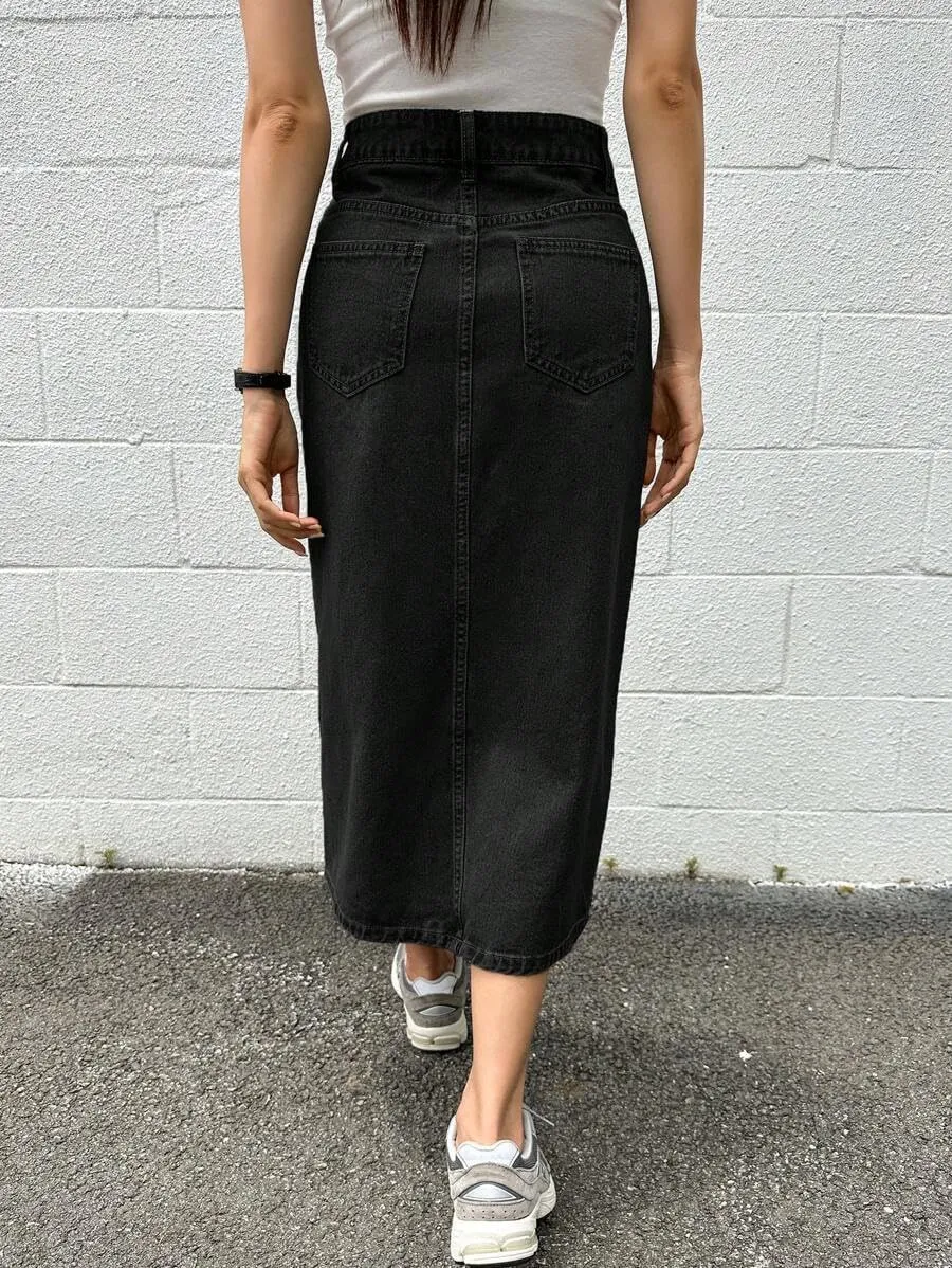 Womens Casual Slit Denim Midi Jean Skirt Stretch High Waist Frayed Button Up with Pockets