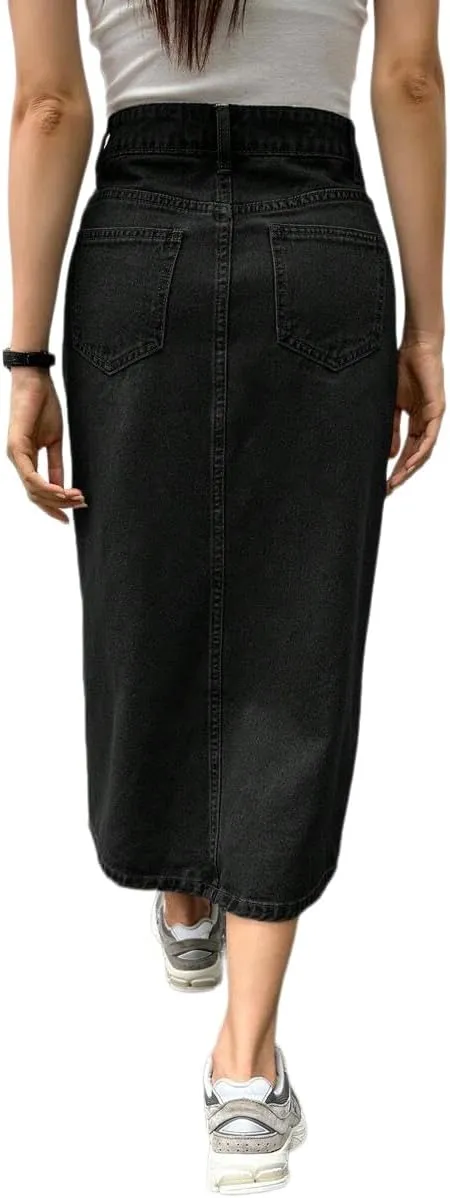 Womens Casual Slit Denim Midi Jean Skirt Stretch High Waist Frayed Button Up with Pockets