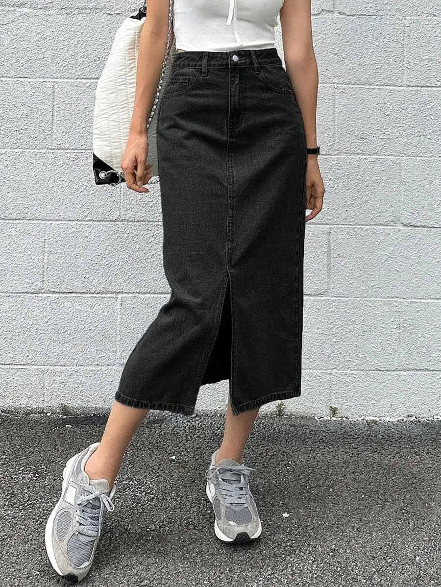 Womens Casual Slit Denim Midi Jean Skirt Stretch High Waist Frayed Button Up with Pockets