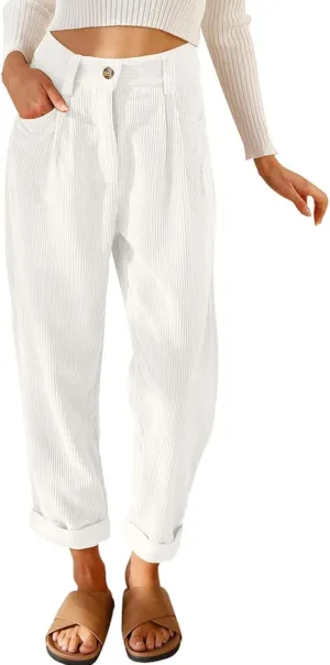 Womens Corduroy Pants Casual High Waisted Straight Leg Vintage Trousers for Women with Pockets