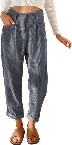 Womens Corduroy Pants Casual High Waisted Straight Leg Vintage Trousers for Women with Pockets