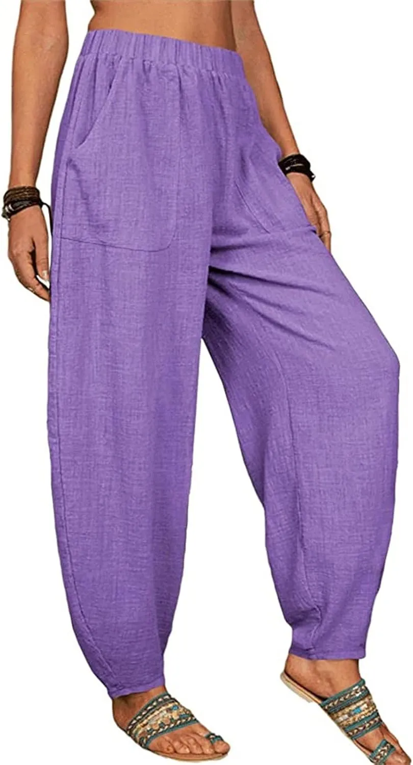 Womens Cotton Linen Harem Pants High Waisted Loose Fit Casual Trousers Elastic 2025 Summer Beach Palazzo Pants Pockets