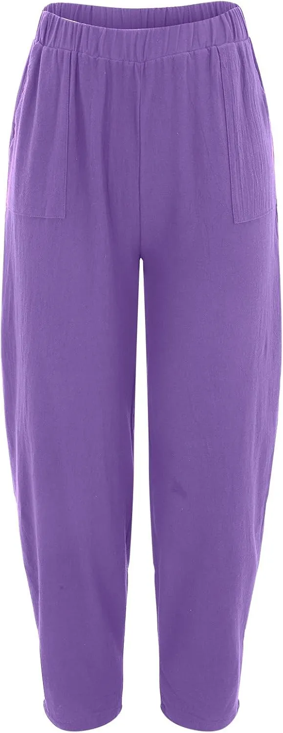 Womens Cotton Linen Harem Pants High Waisted Loose Fit Casual Trousers Elastic 2025 Summer Beach Palazzo Pants Pockets