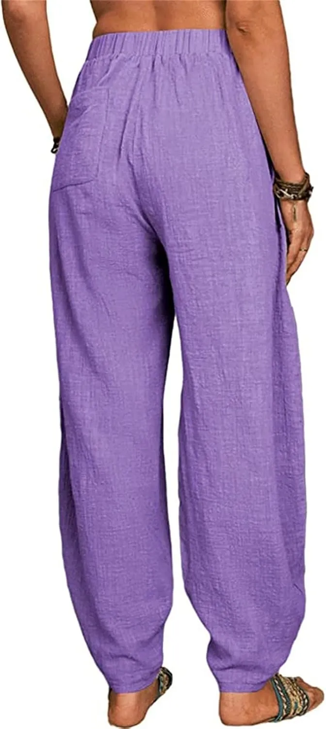 Womens Cotton Linen Harem Pants High Waisted Loose Fit Casual Trousers Elastic 2025 Summer Beach Palazzo Pants Pockets
