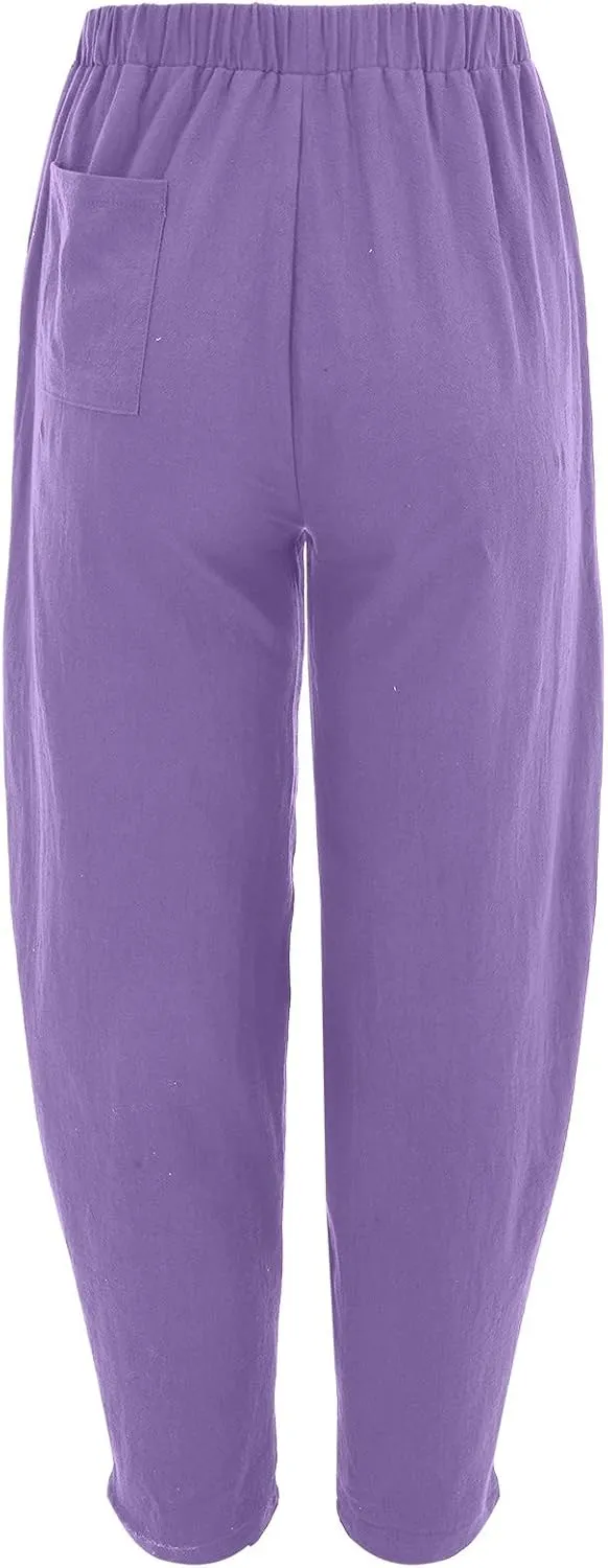 Womens Cotton Linen Harem Pants High Waisted Loose Fit Casual Trousers Elastic 2025 Summer Beach Palazzo Pants Pockets
