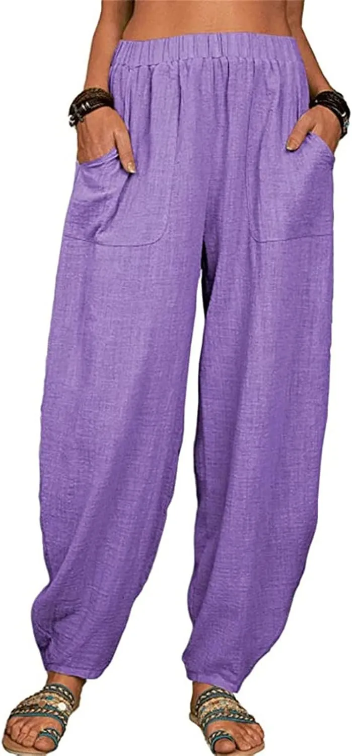 Womens Cotton Linen Harem Pants High Waisted Loose Fit Casual Trousers Elastic 2025 Summer Beach Palazzo Pants Pockets