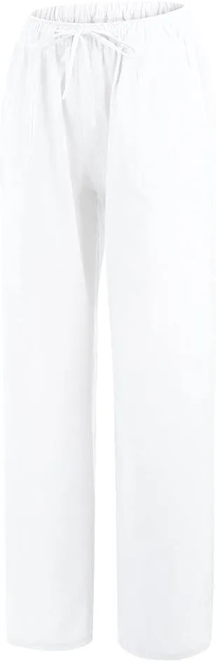 Women's Cotton Linen Pants Plus Size Wide Leg Flowy Summer Beach Pants High Waist Drawstring Pants Lounge Trouser