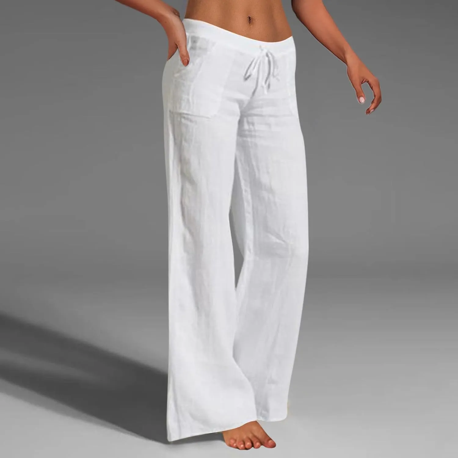Women's Cotton Linen Pants Plus Size Wide Leg Flowy Summer Beach Pants High Waist Drawstring Pants Lounge Trouser