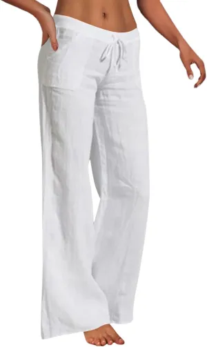 Women's Cotton Linen Pants Plus Size Wide Leg Flowy Summer Beach Pants High Waist Drawstring Pants Lounge Trouser