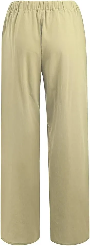 Women's Cotton Linen Pants Plus Size Wide Leg Flowy Summer Beach Pants High Waist Drawstring Pants Lounge Trouser