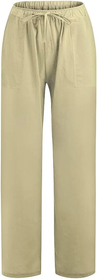 Women's Cotton Linen Pants Plus Size Wide Leg Flowy Summer Beach Pants High Waist Drawstring Pants Lounge Trouser