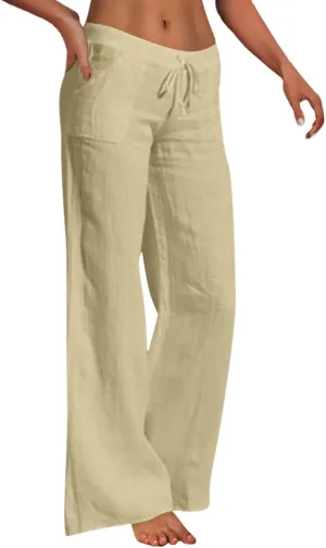 Women's Cotton Linen Pants Plus Size Wide Leg Flowy Summer Beach Pants High Waist Drawstring Pants Lounge Trouser
