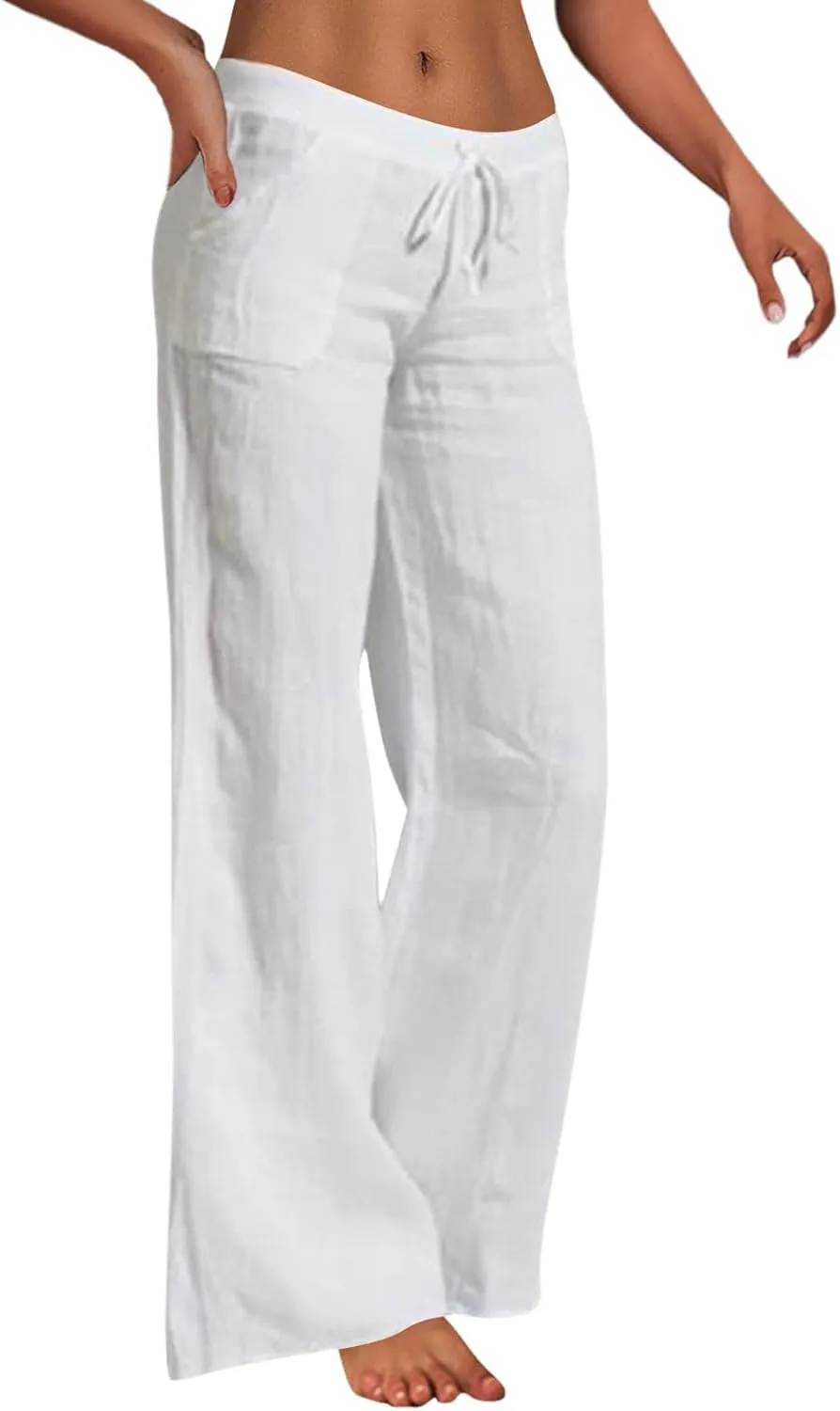 Women's Cotton Linen Pants Plus Size Wide Leg Flowy Summer Beach Pants High Waist Drawstring Pants Lounge Trouser