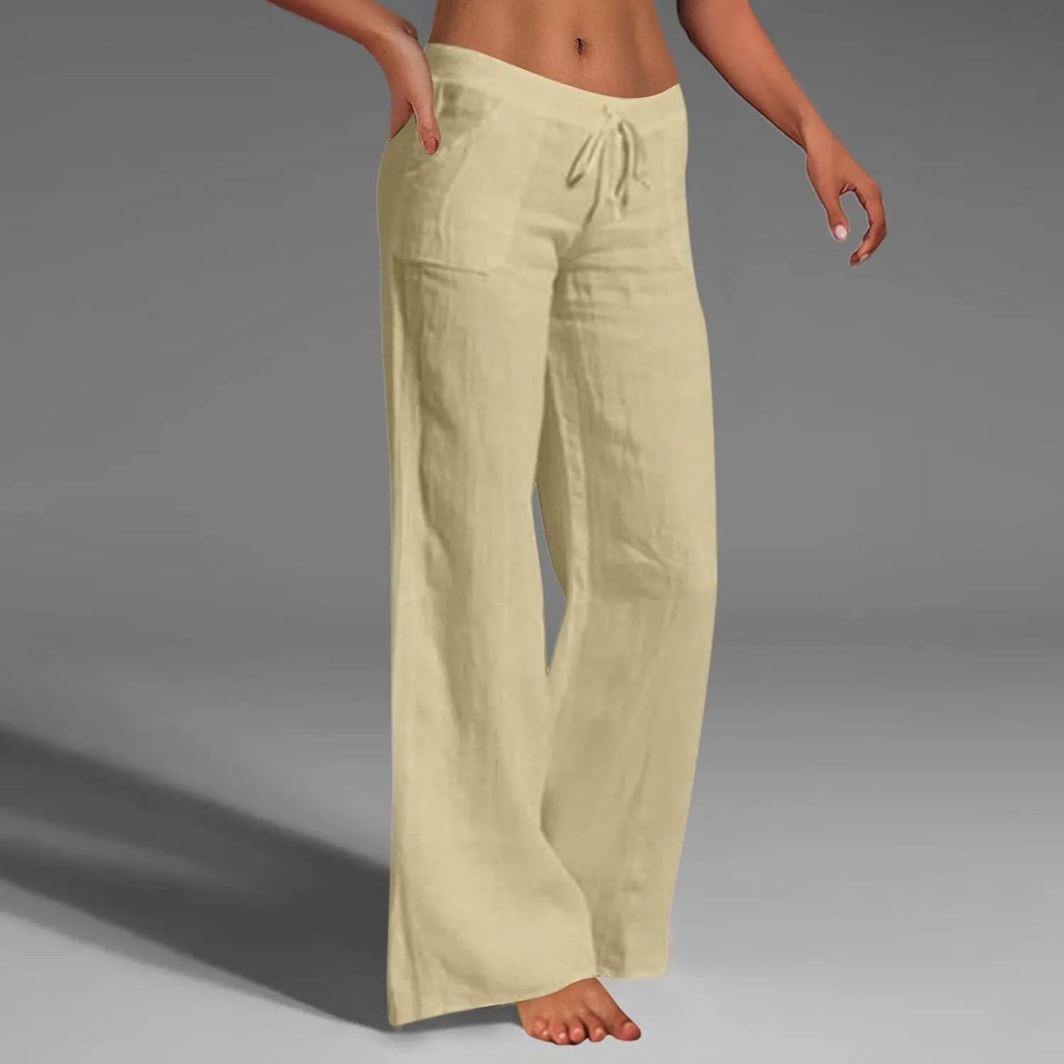 Women's Cotton Linen Pants Plus Size Wide Leg Flowy Summer Beach Pants High Waist Drawstring Pants Lounge Trouser