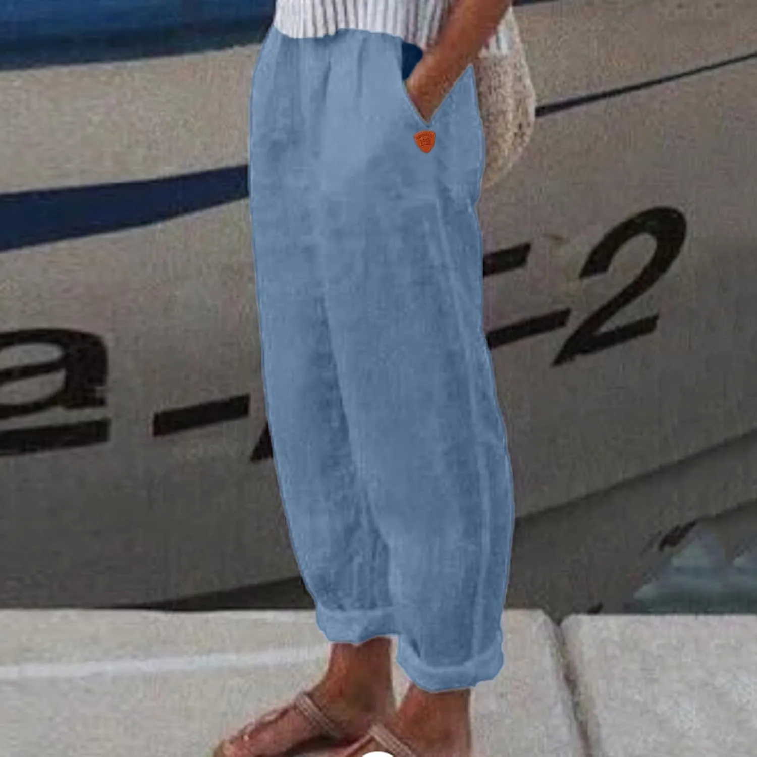 Women's Cotton Linen Pants Summer Straight Leg Loose Drawstring Trousers High Waist Casual Beach Pants with Pockets