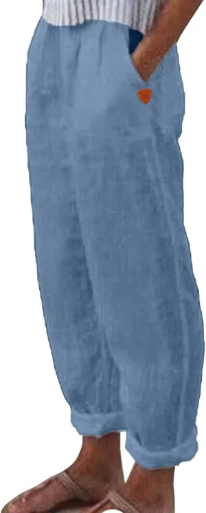 Women's Cotton Linen Pants Summer Straight Leg Loose Drawstring Trousers High Waist Casual Beach Pants with Pockets