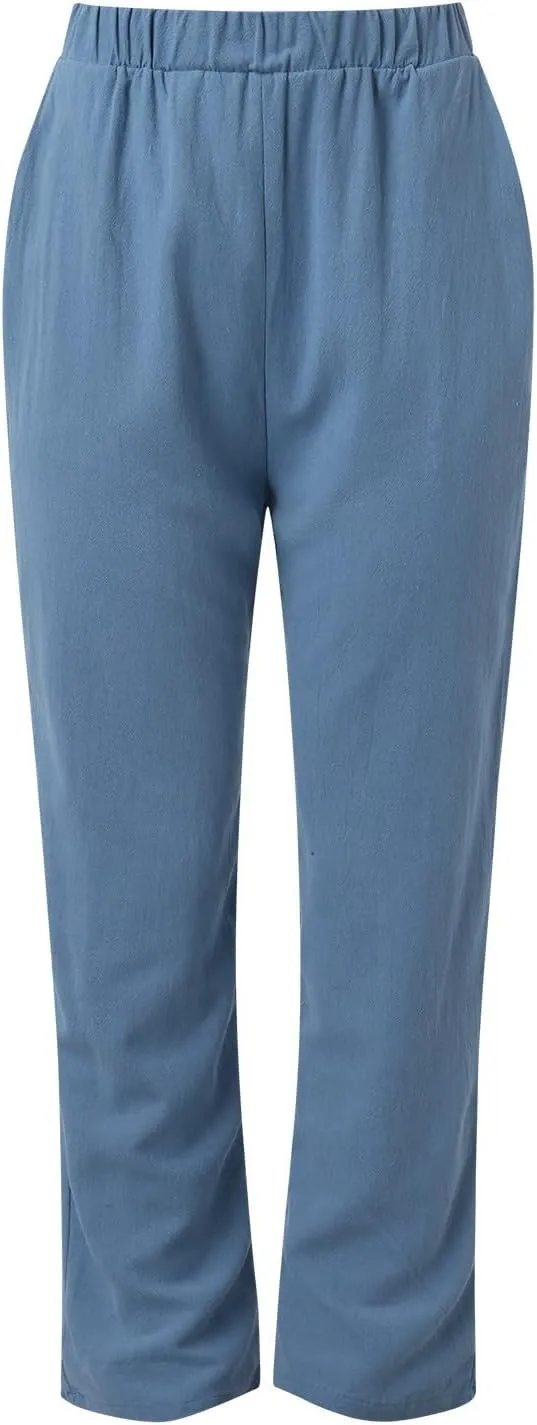 Women's Cotton Linen Pants Summer Straight Leg Loose Drawstring Trousers High Waist Casual Beach Pants with Pockets