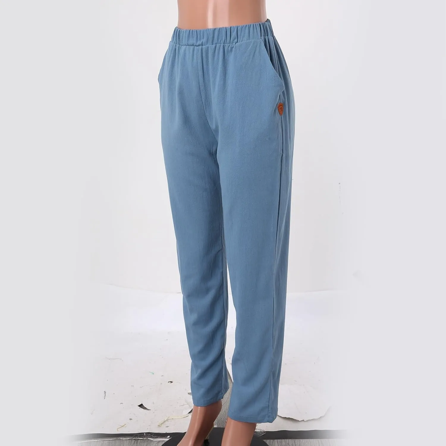 Women's Cotton Linen Pants Summer Straight Leg Loose Drawstring Trousers High Waist Casual Beach Pants with Pockets