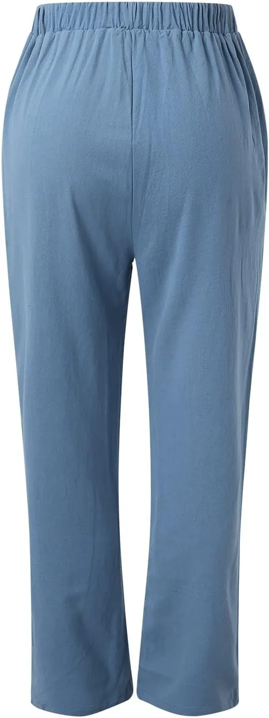 Women's Cotton Linen Pants Summer Straight Leg Loose Drawstring Trousers High Waist Casual Beach Pants with Pockets