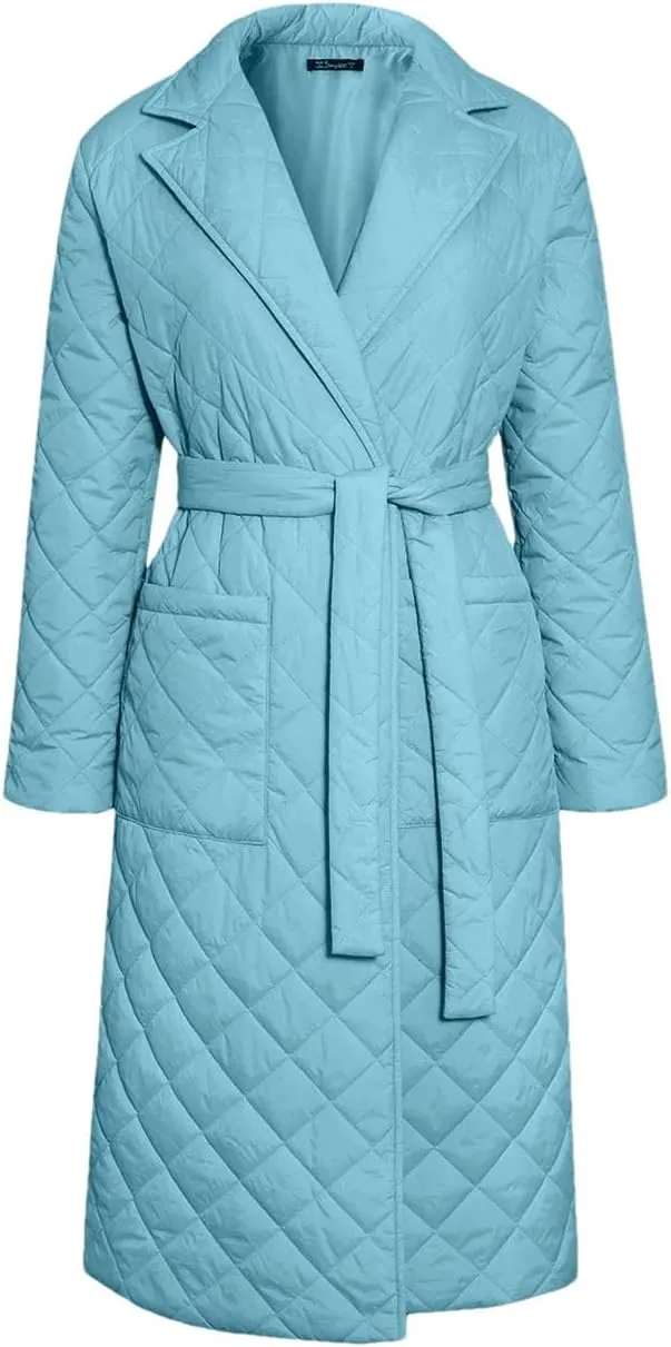 Women's Cotton-Padded Coat Lapel Loose Quilting Sashes Long Sleeve Pockets Parka Jackets Cambridge blue XL